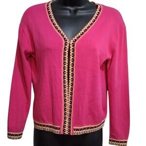 Kasly Cardigan S/M Pink Aztec Southwestern Style Trim, Cropped Cotton Blend